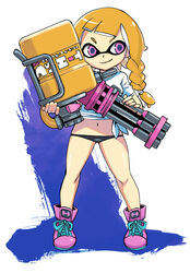  black_panties blue_pupils braid closed_mouth female heavy_splatling_(splatoon) highres holding inkling inkling_girl inkling_player_character legs_apart long_hair looking_to_the_side lowleg lowleg_panties muramasa_mikado navel orange_hair panties pink_eyes pink_footwear pink_lips pointy_ears shirt shoes short_sleeves smile solo splatoon_(series) splatoon_3 standing t-shirt tentacle_hair tied_shirt underwear white_shirt 