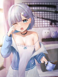  absurdres alternate_costume bedroom black_choker blue_eyes blue_hair blue_jacket blush breasts camisole choker cleavage coffee_mug collar collarbone colored_inner_hair commentary_request cup curtains earrings female gerbera152 ghost_hair_ornament grey_hair hair_behind_ear hair_ornament hairclip highres jacket jewelry kaga_sumire katana long_sleeves looking_at_viewer lupinus_virtual_games medium_breasts mug multicolored_hair open_mouth parted_bangs pillow puffy_long_sleeves puffy_sleeves raised_eyebrow short_hair single_bare_shoulder single_earring single_off_shoulder solo strap_slip stuffed_toy sword tears thick_eyelashes virtual_youtuber vspo! waking_up weapon weapon_on_wall white_camisole wiping_tears x_hair_ornament 