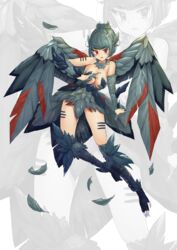  absurdres animal_ears bare_shoulders bird_ears bird_legs blush breasts claws cleavage feathers female grey_feathers grey_hair grey_wings hair_up harpy highres medium_breasts monster_girl neck_ruff open_mouth original red_eyes red_feathers shitoi_(aqua1487) short_hair simple_background solo talons wings zoom_layer 