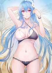  ahoge arm_behind_head armpits ass_visible_through_thighs azur_lane bare_shoulders bikini black_bikini blue_hair bracelet breasts collarbone cowboy_shot criss-cross_halter female flower hair_between_eyes hair_flower hair_ornament halterneck helena_(azur_lane) helena_(shimmering_triangle_wave)_(azur_lane) highres jewelry large_breasts long_hair multicolored_bikini multicolored_clothes navel o-ring o-ring_bikini o-ring_top official_alternate_costume outdoors palm_tree parted_lips presenting_armpit purple_eyes sai-go solo standing stomach swimsuit tree two-tone_bikini very_long_hair white_bikini white_flower 