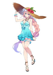  blue_dress blue_eyes bracelet braid breasts cleavage dress earrings female flower full_body halterneck hat hat_flower high_heels highres idola_phantasy_star_saga jewelry long_hair medium_breasts necklace open_mouth phantasy_star phantasy_star_online_2 photoshop_(medium) pink_hair sandals short_dress simple_background single_braid skirt skirt_tug solo stella_(idola) strappy_heels straw_hat sun_hat thighlet very_long_hair white_background 