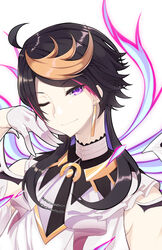  1boy bare_shoulders black_hair brown_hair closed_mouth commentary earrings gloves half_gloves hand_up head_tilt highres jewelry long_hair male_focus multicolored_hair nijisanji nijisanji_en one_eye_closed parted_bangs pink_hair purple_eyes purple_hair shirasu_youichi shirt shu_yamino shu_yamino_(1st_costume) simple_background sleeveless sleeveless_shirt solo streaked_hair virtual_youtuber white_background white_gloves white_shirt 