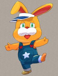  2020 animal_crossing anthro chibi clothing hat headgear headwear lagomorph leporid mammal masshiro nintendo overalls rabbit simple_background solo yellow_body zipper_t._bunny 