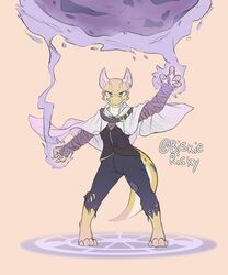  absurd_res angry anthro bandage bandaged_arm biskierisky blue_eyes cloak clothing errathimal_(zettra_thorn) female hi_res horn jacket kobold looking_at_viewer magic magic_circle magic_user markings scales solo topwear torn_clothing yellow_body yellow_scales 