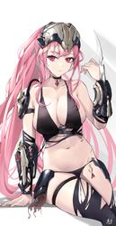  absurdres arm_blade black_bra black_choker black_panties black_thighhighs bra breasts choker cleavage cosplay female head-mounted_display highres hololive hololive_english keisuke_desu~ large_breasts long_hair looking_at_viewer mori_calliope navel panties pink_eyes pink_hair predator_(1987) predator_(character) predator_(character)_(cosplay) predator_(series) simple_background sitting thigh_strap thighhighs underwear vambraces very_long_hair virtual_youtuber weapon white_background 