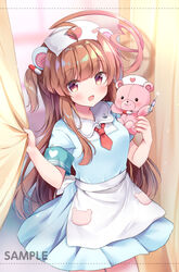  ahoge animal_ears animal_print bangs bear_ears bear_print blue_dress blush breasts brown_eyes brown_hair commentary_request curtain_grab curtains dress eyebrows_visible_through_hair female hair_ornament hat heart_ahoge highres holding holding_stuffed_animal huge_ahoge kantai_collection kuma_(kantai_collection) long_hair looking_at_viewer masayo_(gin_no_ame) medium_breasts nurse nurse_cap smile solo stuffed_animal stuffed_toy syringe teddy_bear 