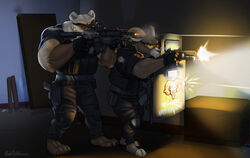  2022 anthro ar-15 assault_rifle ballistic_shield barefoot bear bert_&#039;rip&#039;_grizzoli bighorn_sheep biped bovid bulletproof_vest caprine cliff_(grizzlygus) disney duo feet fur grolar_bear gun gunfire handgun holster hybrid male mammal muzzle_flash operator police police_officer psakorn_tnoi ranged_weapon rifle sheep shield shooting shooting_gun special_forces swat tactical tactical_gear underbarrel_shotgun ursine weapon white_body white_fur zootopia 