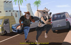  2022 anthro barefoot bulletproof_vest canid canine canis car car_crash chasing choker clothed clothing compact_car day desert detailed_background dialogue disney duo english_text feet felid feline female glock gun handgun holding_gun holding_object holding_ranged_weapon holding_weapon jewelry lynx male male/female mammal midriff motor_vehicle necklace outside partners pistol police police_car police_officer police_vehicle psakorn_tnoi ranged_weapon running russell_wolfson subtitled tactical_gear tammy_rys text urban vehicle weapon wolf zootopia 