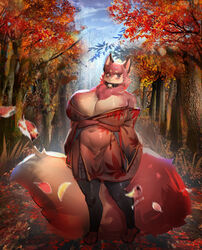  3_toes anthro asian_clothing autumn bare_shoulders barefoot bell bell_collar big_breasts big_tail biped black_clothing black_legwear blue_eyes blush breasts brown_ears canid canine cleavage clothed clothing cloud collar colored countershade_face countershade_fur countershade_torso countershading curvy_figure day detailed_background digital_media_(artwork) dipstick_tail east_asian_clothing eyelashes feet female fluffy fluffy_tail forest fox front_view full-length_portrait fully_clothed fur glistening glistening_body glistening_breasts glistening_clothing glistening_fur glistening_legwear grace_(floa) hair hi_res huge_breasts huge_tail japanese_clothing kemono kimono leaf legwear long_hair looking_aside mammal markings monotone_hair multicolored_body multicolored_fur multicolored_tail nature navel_outline neck_tuft outside pink_body pink_clothing pink_fur pink_hair pink_inner_ear pink_kimono pink_tail plant portrait shaded sky smile solo standing tail tail_markings thick_tail toes tree tuft two_tone_body two_tone_fur two_tone_tail utterangle voluptuous white_body white_countershading white_fur white_tail wide_hips 