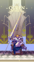  absurdres armor armored_boots artoria_pendragon_(fate) artoria_pendragon_(lancer)_(fate) banner blonde_hair blue_dress blue_gloves boots braid breastplate breasts chair crossed_legs crown dress english_text fate/grand_order fate_(series) female french_braid fur_collar gauntlets gloves green_eyes hair_between_eyes hellcherr high_heel_boots high_heels highres holding holding_weapon king lance large_breasts lion_head_(ornament) looking_to_the_side photoshop_(medium) polearm rhongomyniad_(fate) sidelocks sitting smile swept_bangs thighs throne tile_floor tiles weapon 