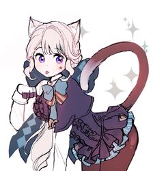  5rwpvc animal_ears black_cape black_leotard black_skirt blue_bow blue_bowtie bow bowtie cape cat_ears cat_girl cat_tail facial_mark female genshin_impact gloves hairbow highres leotard long_hair long_sleeves lynette_(genshin_impact) paw_pose purple_eyes shirt shoulder_cape simple_background skirt solo sparkle star_(symbol) star_facial_mark tail tongue tongue_out very_long_hair white_background white_gloves white_hair white_shirt 