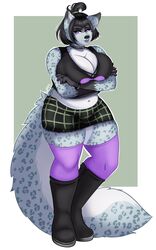  alternative_fashion anthro big_breasts bottomwear breasts catsmeow cleavage clothed clothing crossed_arms felid female fur furgonomics goth hi_res legwear mammal miniskirt pantherine skirt slightly_chubby snow_leopard solo tail tail_through_skirt thigh_highs 