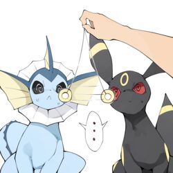  1:1 2021 ambiguous_gender black_body black_fur black_sclera blue_body blue_fur blue_markings bodily_fluids digital_media_(artwork) disembodied_hand duo_focus ear_markings eeveelution ellipsis facial_markings female feral fin fur generation_1_pokemon generation_2_pokemon group head_markings hi_res holding_object human hypnosis kemono leg_markings mammal markings mind_control nintendo on_model pendulum pokemon pokemon_(species) pupils quadruped red_eyes ring_(marking) silence simple_background sitting speech_bubble spiral_pupils sweat symbol-shaped_pupils tail tail_markings umbreon unusual_pupils vaporeon white_background yellow_body yellow_fur yellow_markings youjomodoki 