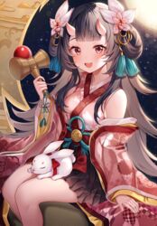  :d absurdres bare_shoulders black_hair black_skirt blush commentary_request feet_out_of_frame female floral_print flower full_moon hair_flower hair_ornament hair_rings highres holding horns japanese_clothes kaguya_hime kendama kimono long_hair long_sleeves looking_at_viewer moon off_shoulder open_clothes panilla_the_revival pink_flower pink_kimono pleated_skirt print_kimono red_eyes reel_(riru) sitting skirt sleeveless sleeveless_kimono sleeves_past_wrists smile solo taketori_monogatari teeth upper_teeth_only very_long_hair white_flower 