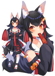  absurdres animal_ear_fluff animal_ears bare_shoulders beef_jerky bell black_hair black_serafuku black_shirt black_skirt black_sleeves blush brown_eyes closed_mouth collarbone commentary_request detached_sleeves eating female food hair_ornament highres holding holding_food hololive inre_kemomimi jingle_bell long_hair long_sleeves looking_at_viewer multiple_views ookami_mio ookami_mio_(1st_costume) pantyhose pleated_skirt red_hair sailor_collar school_uniform serafuku shirt simple_background skirt sleeveless sleeveless_shirt sleeves_past_fingers sleeves_past_wrists smile tail very_long_hair virtual_youtuber white_background white_legwear white_sailor_collar wolf_ears wolf_girl wolf_tail 