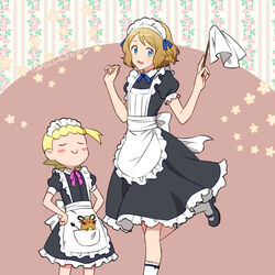  2girls :&gt; alternate_costume black_dress black_footwear blonde_hair blue_eyes blush_stickers bonnie_(pokemon) closed_eyes closed_mouth commentary_request dedenne dress enmaided eyelashes frills hands_on_own_hips holding kanimaru leg_up maid maid_headdress multiple_girls open_mouth pokemon pokemon_(anime) pokemon_(creature) pokemon_xy_(anime) serena_(pokemon) shoes short_hair short_sleeves smile socks white_legwear 