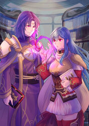  1boy :o aqua_hair armor book boots breastplate capelet circlet cloak commentary_request corruption dark_persona eirika_(fire_emblem) female fire_emblem fire_emblem:_the_sacred_stones fire_emblem_heroes hair_between_eyes highres holding holding_book long_sleeves lyon_(fire_emblem) magic partial_commentary possessed purple_eyes purple_hair red_eyes riou_(pooh920) shoulder_armor sidelocks skirt thigh_boots thighhighs white_skirt 