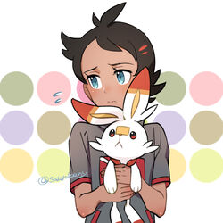  1boy antenna_hair blush brown_hair closed_mouth commentary_request eyelashes flying_sweatdrops goh_(pokemon) green_eyes grey_shirt holding holding_pokemon kanimaru looking_to_the_side male_focus pokemon pokemon_(anime) pokemon_(creature) pokemon_journeys scorbunny shirt short_hair short_sleeves upper_body 