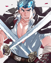  1boy alternate_pectoral_size bara blue_eyes blue_fire cowboy_shot crossed_swords dual_wielding fiery_horns fire forked_eyebrows gakuran hair_slicked_back highres holding horns jacket jacket_on_shoulders large_pectorals looking_at_viewer male_focus muscular muscular_male pectoral_cleavage pectorals sakimori_toji scar scar_on_cheek scar_on_face school_uniform short_hair sideburns solo sword thick_eyebrows tokyo_afterschool_summoners weapon wind zaoanjisi 