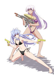  2girls :d barefoot bikini black_bikini blue_eyes blue_hair closed_mouth dark-skinned_female dark_skin dual_wielding full_body glasses grin holding kageyasu kos-mos multiple_girls navel pink_eyes pink_hair purple_bikini simple_background smile standing stomach strapless strapless_bikini string_bikini swimsuit t-elos teeth water_gun white_background xenoblade_chronicles_(series) xenoblade_chronicles_2 xenosaga 