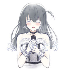  :d black_hair blue_eyes female highres idol idoly_pride kanda_sayaka linfey long_hair looking_at_viewer nagase_mana open_mouth smile solo tears thank_you white_background 