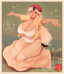  beret black_footwear black_horns blonde_hair blush breasts brown_dress cleavage collarbone commentary commission dress english_commentary english_text female frilled_dress frills full_body hat horns huge_breasts jacket kneeling long_dress long_hair looking_at_viewer monster_musume_no_iru_nichijou oerba_yun_fang oni_horns open_mouth pink_eyes pointy_ears red_hat sidelocks single_horn solo tan tionishia uni_(oni_unicorn) yellow_jacket 