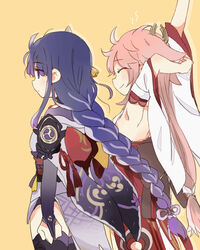  2girls ^_^ arm_behind_back arms_at_sides arms_up bare_shoulders black_thighhighs braid bridal_gauntlets closed_eyes closed_mouth commentary cowboy_shot detached_sleeves drop_shadow from_behind fud genshin_impact hakama highres japanese_clothes kimono light_blush long_hair low-braided_long_hair low-tied_long_hair multiple_girls obi pink_hair purple_hair purple_kimono raiden_shogun red_hakama sash shirt side-by-side simple_background standing stretching tassel thighhighs very_long_hair white_shirt white_sleeves wide_sleeves yae_miko yellow_background zettai_ryouiki 