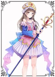  atelier_(series) atelier_totori blue_sleeves blush brown_eyes brown_hair collarbone commentary_request detached_sleeves dress feet_out_of_frame female gem hat holding holding_staff long_hair looking_at_viewer pink_dress simple_background smile solo staff totooria_helmold wangyq white_background 