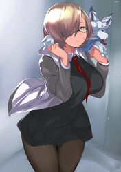  absurdres black_dress black_pantyhose blush breasts brown_hair cafekun commentary_request dress fate/grand_order fate_(series) female fou_(fate) glasses hair_over_one_eye highres jacket large_breasts looking_at_viewer mash_kyrielight necktie pantyhose purple_eyes red_necktie short_dress short_hair smile solo 