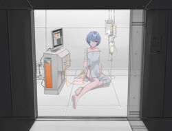  absurdres ayanami_rei bandage_over_one_eye bandaged_arm bandaged_leg bandages bare_shoulders barefoot blue_hair cable collarbone commentary electrical_outlet expressionless female full_body grey_shirt hair_between_eyes hands_on_floor highres indoors intravenous_drip looking_at_viewer monitor neon_genesis_evangelion on_floor one_eye_covered open_door red_eyes shirt short_hair sitting sliding_doors solo strap_slip teizen_(niwamaee) yokozuwari 