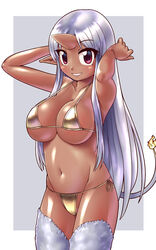  arms_behind_head arms_up bare_arms bare_shoulders bikini body_fur breasts cleavage cowboy_shot dark-skinned_female dark_skin eyelashes female flame-tipped_tail fur futaba_channel gold_bikini grey_fur grey_hair grey_tail grin groin highres horns horse_tail kuma_(kumahoihoi) large_breasts legs_together long_hair navel nijiura_maids pointy_ears red_eyes sakumei_(nijiura_maids) shiny_skin side-tie_bikini_bottom sidelocks single_horn skin-covered_horns smile solo standing straight_hair swimsuit tail tail_raised thighs underboob very_long_hair 