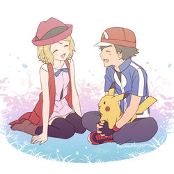  1boy :d arm_support baseball_cap black_hair blue_jacket blue_ribbon blush boots brown_footwear closed_eyes collarbone commentary_request dress eyelashes female hat jacket kanimaru neck_ribbon on_lap open_mouth pants pikachu pink_dress pokemon pokemon_(anime) pokemon_(creature) pokemon_on_lap pokemon_xy_(anime) red_footwear red_headwear ribbon satoshi_(pokemon) serena_(pokemon) shirt shoes short_sleeves sitting smile thighhighs tongue 