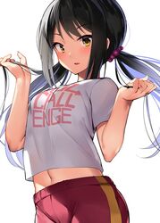  black_hair blush bow breasts brown_eyes cowboy_shot dot_nose female hands_up holding holding_own_hair idolmaster idolmaster_cinderella_girls idolmaster_cinderella_girls_starlight_stage long_hair looking_at_viewer low_twintails medium_breasts midriff_peek nakano_yuka navel open_mouth orihi_chihiro pants print_shirt purple_bow red_pants shirt short_sleeves simple_background smile solo standing track_pants twintails white_background white_shirt 