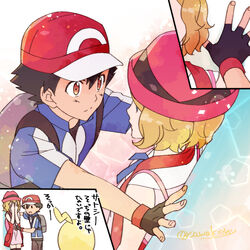  2boys backpack bag baseball_cap black_hair blue_jacket brown_eyes clemont_(pokemon) closed_mouth female fingerless_gloves gloves grey_bag hat jacket kabedon kanimaru multiple_boys pokemon pokemon_(anime) pokemon_xy_(anime) red_headwear satoshi_(pokemon) serena_(pokemon) short_hair short_sleeves split_mouth straight translation_request 