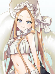  abigail_williams_(fate) abigail_williams_(swimsuit_foreigner)_(fate) abigail_williams_(swimsuit_foreigner)_(third_ascension)_(fate) akariko bare_shoulders bikini blonde_hair blue_eyes bonnet bow braid breasts fate/grand_order fate_(series) female forehead hair_rings hairbow long_hair miniskirt navel parted_bangs sidelocks skirt small_breasts swimsuit twin_braids twintails very_long_hair white_bikini white_bow white_headwear 