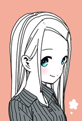  alternate_hairstyle blue_eyes blush buttons closed_mouth collared_shirt commentary_request dot_nose dress_shirt female forehead hair_down hair_ornament hairclip highres hitoribocchi_no_marumaru_seikatsu katsuwo_(cr66g) long_hair looking_at_viewer orange_background partially_colored portrait shirt sidelocks simple_background smile solo sotoka_rakita split_mouth striped_clothes striped_shirt vertical-striped_clothes vertical-striped_shirt 