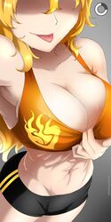  abs armpits artist_name bike_shorts blonde_hair breasts cleavage clothes_pull dutch_angle female grey_background groin head_out_of_frame highres large_breasts long_hair navel rwby self_exposure shaded_face solo sports_bra sports_bra_pull sweat tongue tongue_out underwear watermark web_address yang_xiao_long yaya_(y8ay8a) 