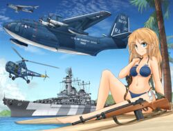  aircraft airplane battle_rifle battleship bikini blonde_hair blue_bikini blue_eyes blue_sky breasts cannon day female flying_boat gun halterneck handgun helicopter highres large_breasts long_hair m14 m1911 martin_jrm_mars martin_p6m_seamaster mikeran_(mikelan) military military_vehicle navel original outdoors palm_tree rifle ship side-tie_bikini_bottom sikorsky_h-5 sitting sky smile solo swimsuit tree turret united_states united_states_navy uss_montana_(bb-67) vehicle_focus warship watercraft weapon 