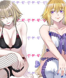  2girls black_bra black_panties blonde_hair blue_nails bow bra braid braided_ponytail breasts cameltoe cleavage clenched_teeth closed_mouth collarbone commentary_request covered_nipples fate/grand_order fate_(series) fishnet_thighhighs fishnets frilled_bra frilled_panties frills grey_hair hair_between_eyes hairbow heart highres jeanne_d&#039;arc_(fate) jeanne_d&#039;arc_(ruler)_(fate) jeanne_d&#039;arc_alter_(avenger)_(fate) jeanne_d&#039;arc_alter_(fate) large_breasts long_hair looking_to_the_side mai0124 multiple_girls nail_polish panties photoshop_(medium) purple_bow purple_eyes red_nails red_ribbon ribbon short_hair sitting smile teeth thighhighs underwear underwear_only very_long_hair white_background white_bra white_legwear yellow_eyes 