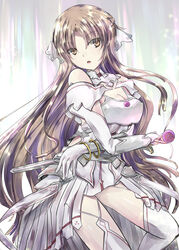  armor armored_dress asuna_(sao) asuna_(stacia) bare_shoulders boots breastplate breasts cleavage detached_collar discharge_view dress faulds female gloves highres holding holding_sword holding_weapon long_hair medium_breasts open_mouth orange_hair parted_bangs radiant_light rapier solo sword sword_art_online sword_art_online:_alicization sword_art_online:_alicization_-_war_of_underworld thigh_boots thighhighs thighs very_long_hair weapon white_armor white_dress white_gloves white_thighhighs 