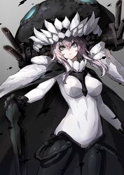  abyssal_ship aqua_eyes black_gloves bodysuit breasts cannon cape cowboy_shot female gloves gradient_background grey_background grey_hair headgear highres holding kantai_collection long_hair looking_at_viewer medium_breasts pale_skin parted_lips ramuya_(lamb) solo wo-class_aircraft_carrier 