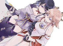  2girls arm_support bare_shoulders blue_eyes braid braiding_hair breasts bridal_gauntlets cleavage closed_mouth collarbone commentary crossed_bangs detached_sleeves dutch_angle feet_out_of_frame fud genshin_impact gradient_eyes hair_between_eyes hairdressing hakama japanese_clothes kimono large_breasts long_hair low-braided_long_hair low-tied_long_hair mole mole_under_eye multicolored_eyes multiple_girls obi off_shoulder pink_hair purple_eyes purple_hair purple_kimono purple_thighhighs raiden_shogun sash shirt sidelocks sitting sleeveless sleeveless_shirt smile tassel thighhighs thighs turtleneck very_long_hair white_background white_shirt white_sleeves wide_sleeves yae_miko 