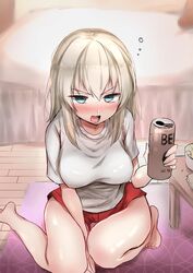  absurdres barefoot bed bedroom beer_mug between_legs blue_eyes blurry blurry_background blush breasts can casual commentary cup depth_of_field drunk emilio_(tetsukazu_no_ao) female frown girls_und_panzer glaring grey_hair half-closed_eyes hand_between_legs highres holding holding_can indoors itsumi_erika kneeling looking_at_viewer medium_breasts medium_hair mug open_mouth red_shorts rug shirt short_shorts short_sleeves shorts solo t-shirt table white_shirt wooden_floor 