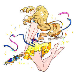  alternate_costume bare_arms barefoot blonde_hair closed_eyes closed_mouth commentary_request eyelashes female floating_hair from_side holding holding_scepter kanimaru legs long_hair pokemon pokemon_(anime) pokemon_xy_(anime) ribbon scepter serena_(pokemon) sleeveless solo toes white_background 