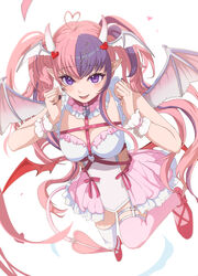  absurdres ahoge asymmetrical_legwear bell belt black_nails blush breasts chest_belt choker demon_horns demon_tail demon_wings dress female hair_ornament head_wings heart heart_ahoge heart_hair_ornament highres horns ironmouse ironmouse_(demon_form) jingle_bell large_breasts long_hair looking_at_viewer low_wings mary_janes multicolored_hair multiple_wings n2tat nail_polish o-ring o-ring_choker open_mouth pink_belt pink_choker pink_footwear pink_hair pink_skirt pink_thighhighs pointy_ears purple_eyes purple_hair shoes skirt smile solo streaked_hair tail thigh_strap thighhighs twintails virtual_youtuber vshojo white_dress white_thighhighs white_wrist_cuffs wings wrist_cuffs 