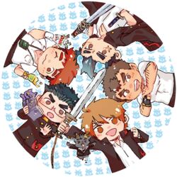  5boys bara blue_fire blue_hair blush chibi devil_(housamo) fiery_horns fire fist_in_hand hair_slicked_back holding holding_sword holding_weapon horns male_focus motoori_shiro multiple_boys muscular muscular_male pectorals protagonist_4_(housamo) sakimori_toji scar scar_on_cheek scar_on_face short_hair stitched_mouth stitches sword takabushi_kengo thick_eyebrows tokyo_afterschool_summoners weapon yakushimaru_ryota zaoanjisi 