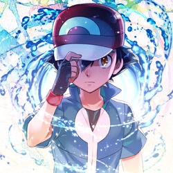  1boy baseball_cap black_gloves black_hair blue_jacket brown_eyes closed_mouth commentary_request fingerless_gloves gloves hand_on_headwear hand_up hat jacket kanimaru looking_at_viewer male_focus pokemon pokemon_(anime) pokemon_xy_(anime) popped_collar red_hat satoshi_(pokemon) shirt short_hair short_sleeves solo 