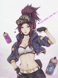  akali artist_name baseball_cap bottle breasts choker cleavage female gloves hat highres jacket jewelry k/da_(league_of_legends) k/da_akali league_of_legends liya_nikorov long_hair makeup medium_breasts microphone midriff navel ponytail purple_eyes purple_hair solo spray_bottle v 