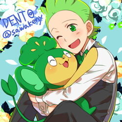  1boy ;d black_pants black_vest blush bow bowtie character_name cilan_(pokemon) commentary_request green_bow green_bowtie green_eyes green_hair holding holding_pokemon kanimaru long_sleeves male_focus one_eye_closed open_mouth pansage pants pokemon pokemon_(anime) pokemon_(creature) pokemon_bw_(anime) shirt short_hair smile tongue traditional_bowtie vest white_shirt 