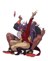  2boys arm_up black_hoodie boots charizard_pose closed_eyes closed_mouth commentary_request dark-skinned_male dark_skin facial_hair headband highres hood hoodie korean_commentary leon_(pokemon) long_hair long_sleeves male_focus motion_blur multiple_boys orange_headband pants pokemon pokemon_swsh purple_hair raihan_(pokemon) redlhzz rotom rotom_phone sitting smile spread_legs tailcoat w white_background yellow_pants 